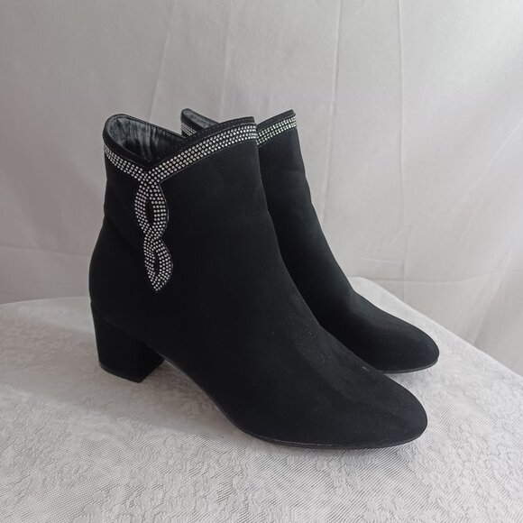 Forever Womens Chunky High Heel Rhinestone Embellished Closed Toe Cloth Boots - Picture 1 of 8